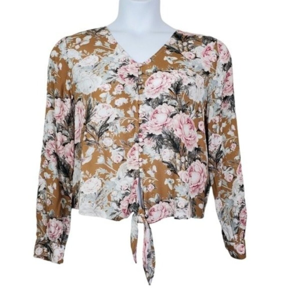 Soft Surroundings Womens Lupita Long Sleeve Pink Floral Button Front Top Size M